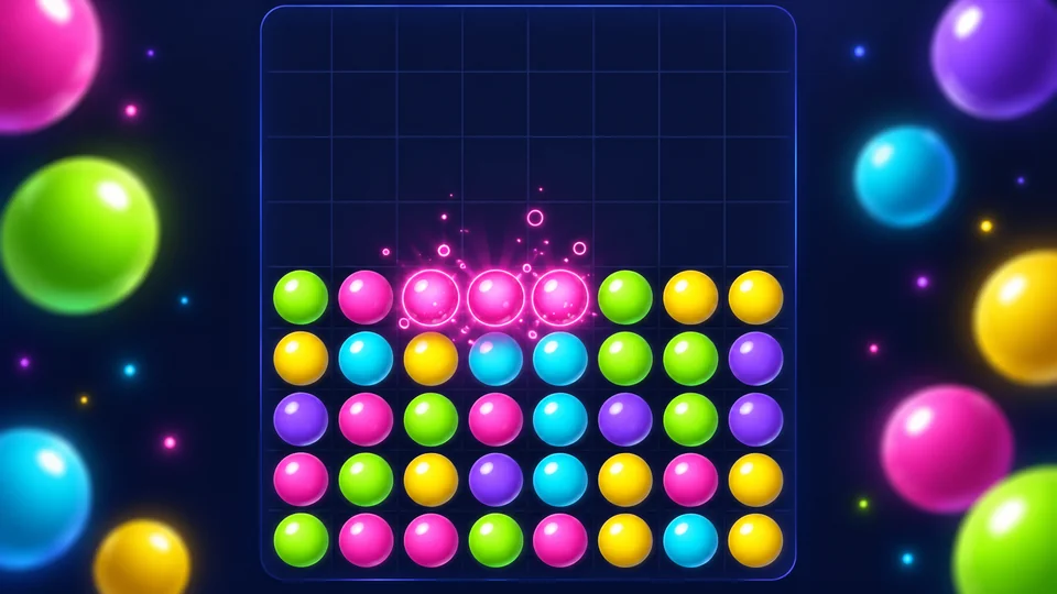 Grid gelembung pink, hijau, cyan, ungu dan kuning di papan biru gelap.